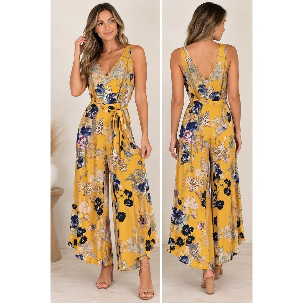 Beige by ECI Womens Yellow Floral V-Neck Sleeveless Wide Leg Jumpsuit Size S